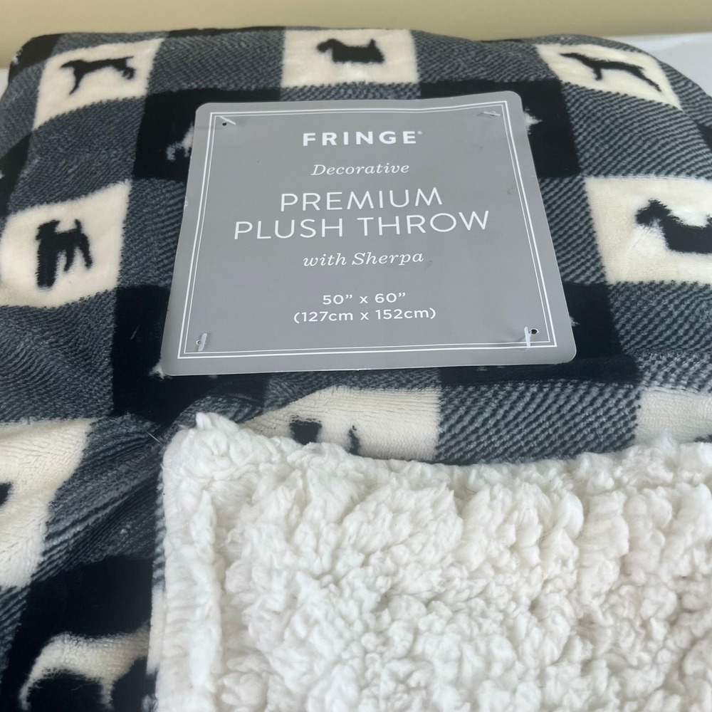 Fringe Decorative Plush Throw Blanket Black White Calico Plaid Dog Sherpa